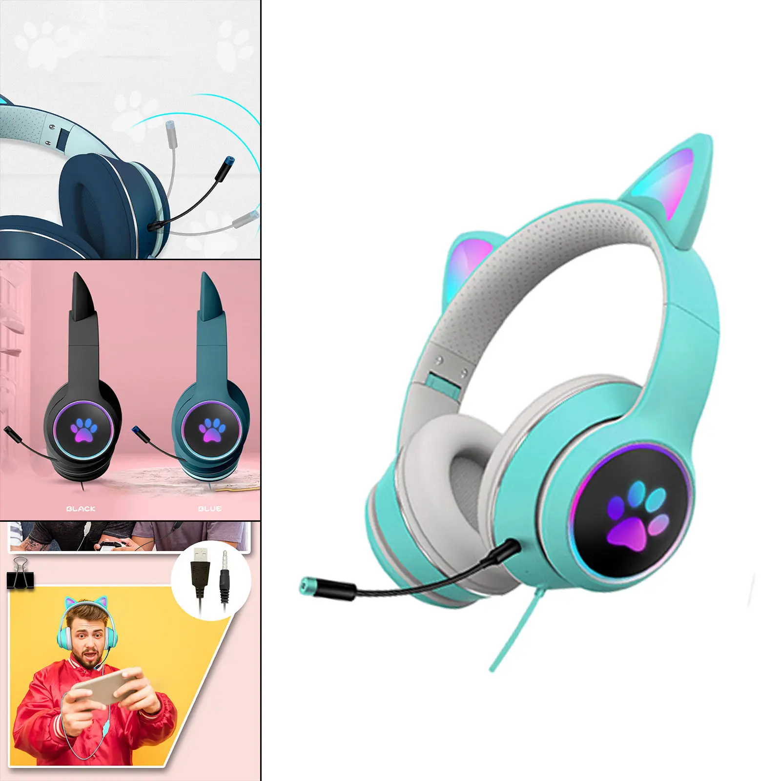 Wired Over-Ear Headset RGB LED Light Surround Sound Cute Foldable Gamer Headphones Kids Gift 40mm Drivers Noise Canceling