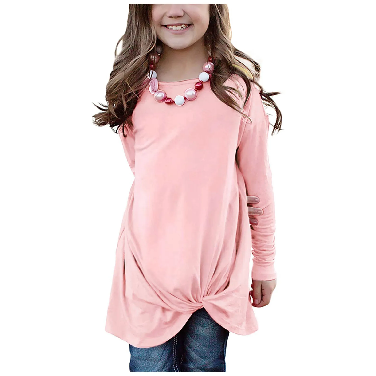 4-13Y Toddler Kids Baby Girls Casual Tunic Tops Knot Front Button Long Sleeve Loose Blouse Spring Autumn T-Shirt Tee 