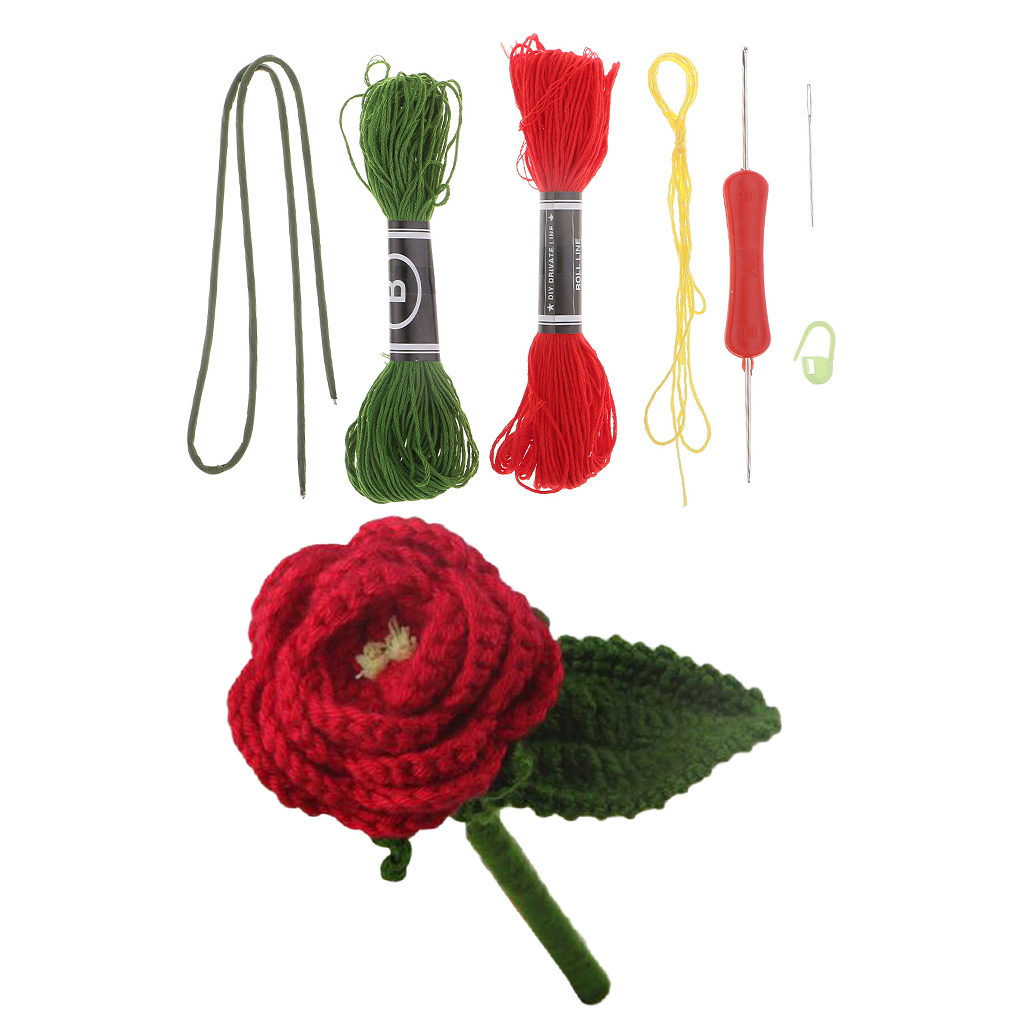 1 Set Red Flower Amigurumi Crochet Knitting Kit Includes: Cotton Yarn, Crochet