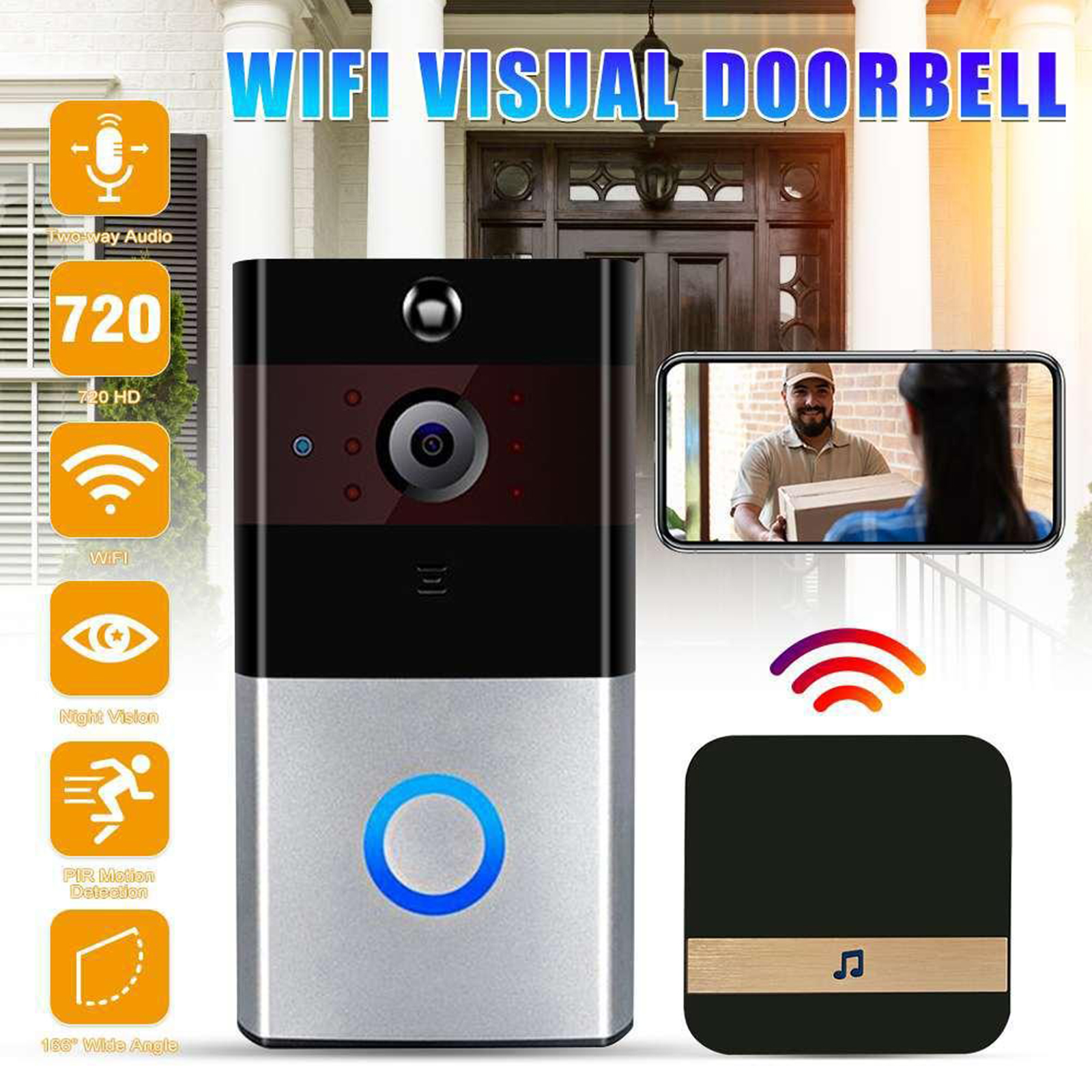 Video Doorbell | HD Video Quality, 2-Way Audio, Motion Detection and Alerts |Night Vision|Easy Installation,Black