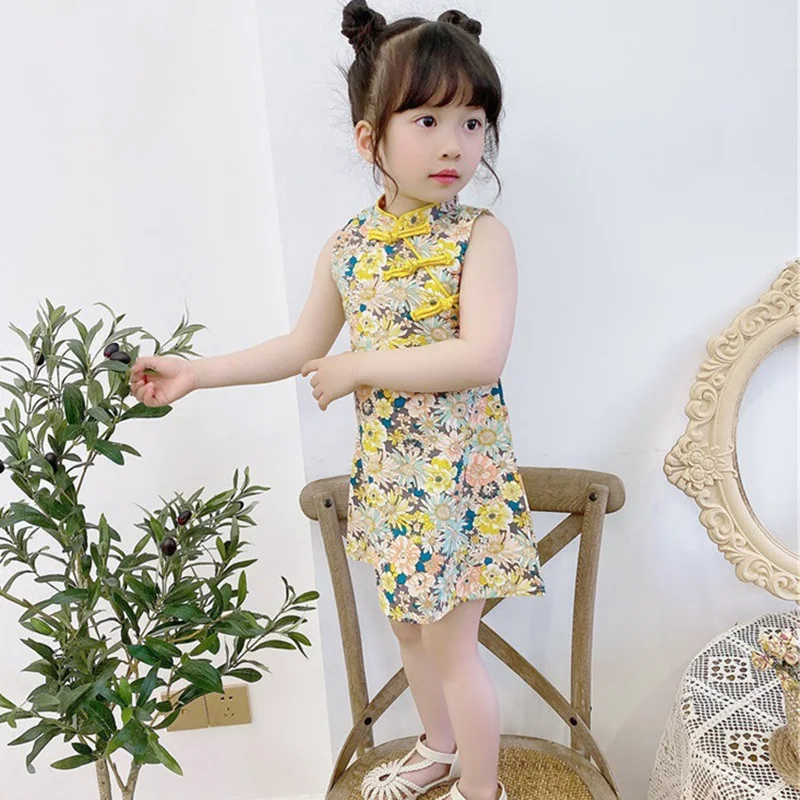 Summer Girls Chinese Style Sleeveless Vest Cheongsam Dress