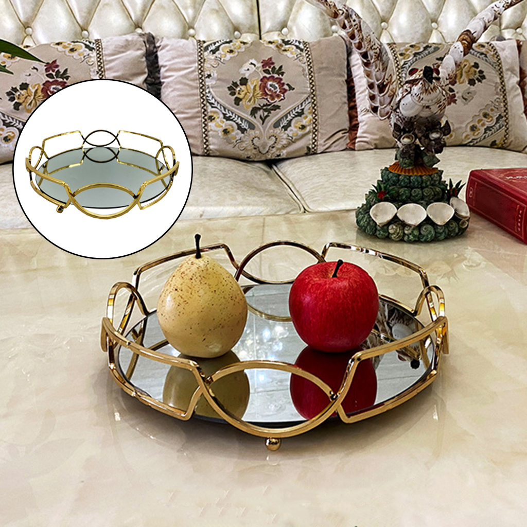 Mirrored Vanity Tray with Metal Frame Ornate Tray for Perfume, Jewelry and Makeup Organizer Food Fruit Serving Tray Plate