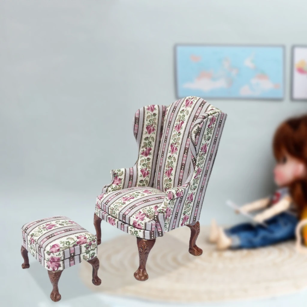 1:12 Doll House Mini Upholstered Floral Printed Sofa Furniture Set Living Room Life Scene Decoration Toys Pretend Play DIY