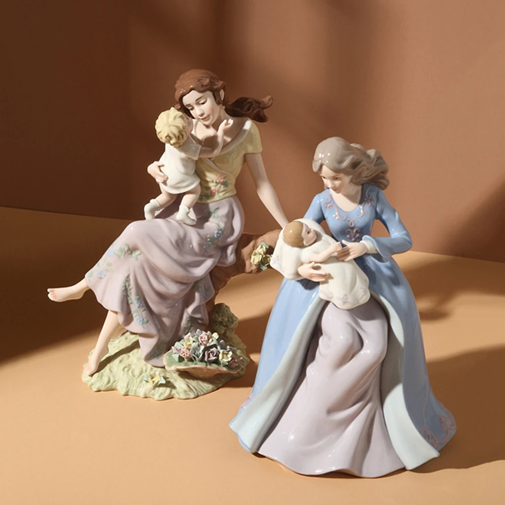 Nordic Ceramic Mother and Kid Character Statue Hand-Painted Figure Modern Home Bookshelf Tabletop Decor Crafts Ornaments