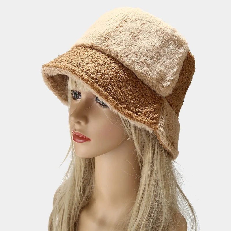 New Femme Gorro Lady Outdoor Panama Soft Warm Faux Fur Plaid Women Fashion Hats 2021 Bucket Hat Winter Bucket Hat for Women frog bucket hat