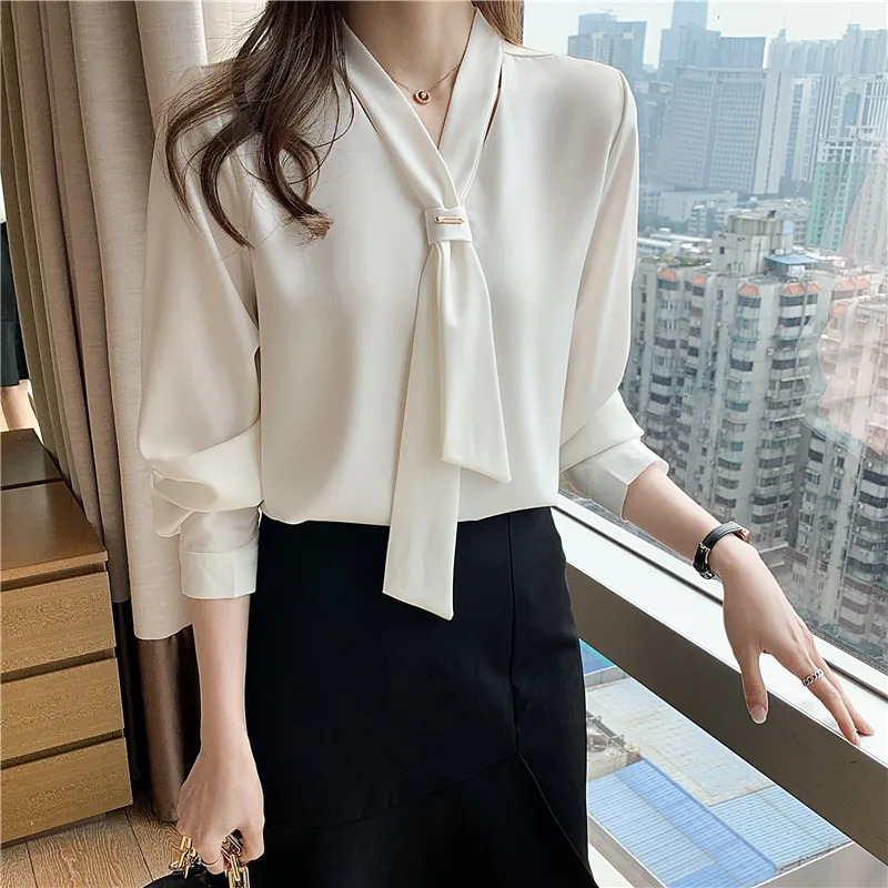 Tide Chic Ribbon Patchwork Design Womens Tops Korean Fashion Solid Simple  Women Blouse Autumn Elegant Ol Long Sleeve Shirts