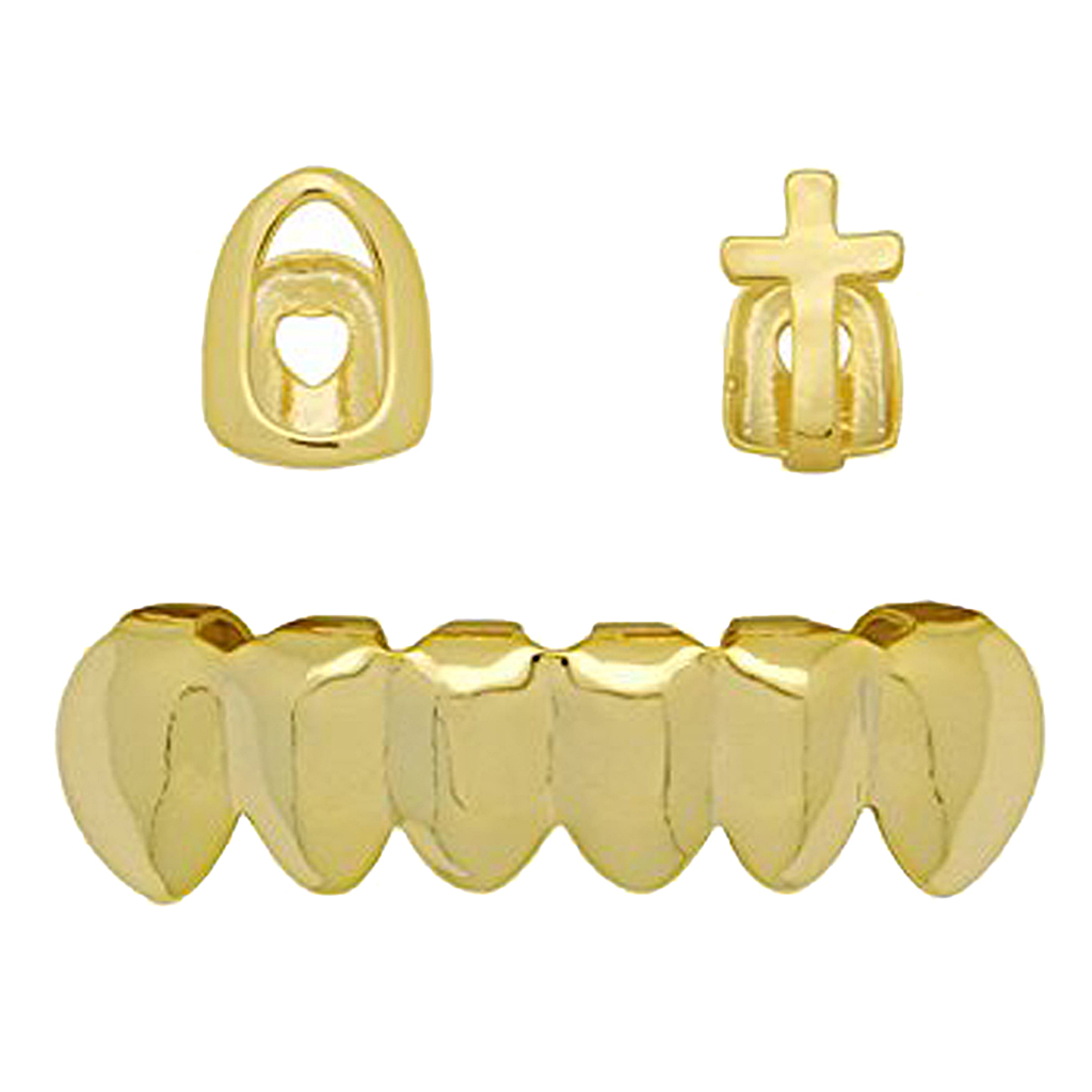 Bottom 6 Teeth Mouth Caps Punk Rock Grills 2 Top Single Fang Cross