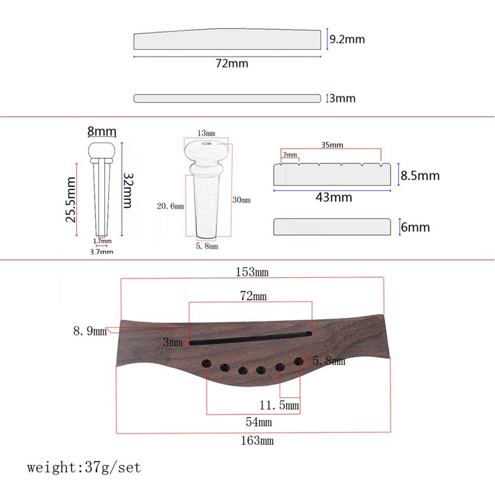 Acoustic Guitar Bridge Pins Slotted Nut Saddle Repairing Kit Accessories