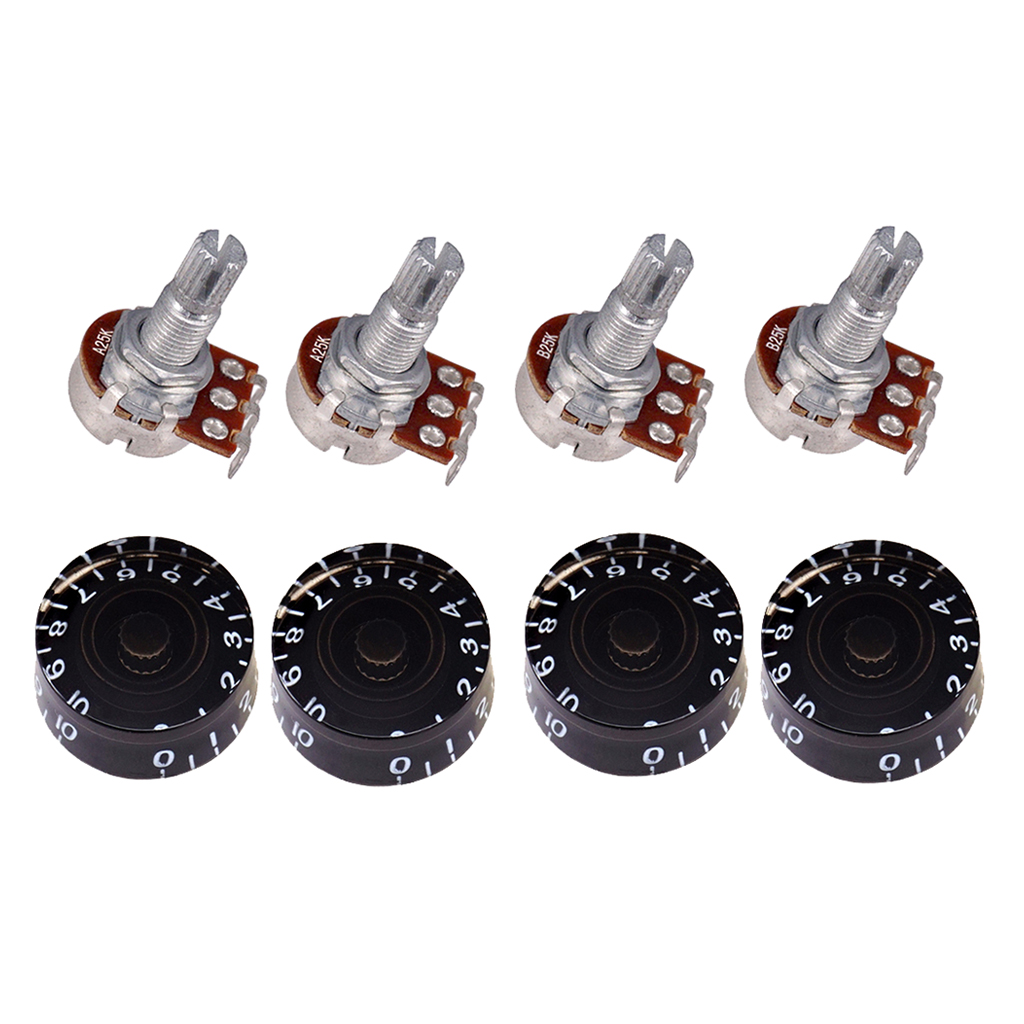 Pack of 8 A25K B25K Electric Bass Guitar Potentiometers Audio Tone Switch Pots with 4 Pcs Knobs 2 Colors to Choose from