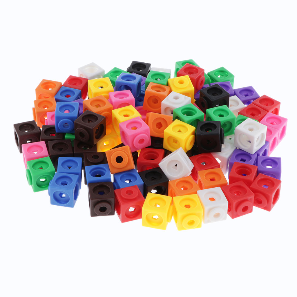 100 Pieces Math Link Cubes - Interlocking Snap Blocks Set with 15 Cards - for