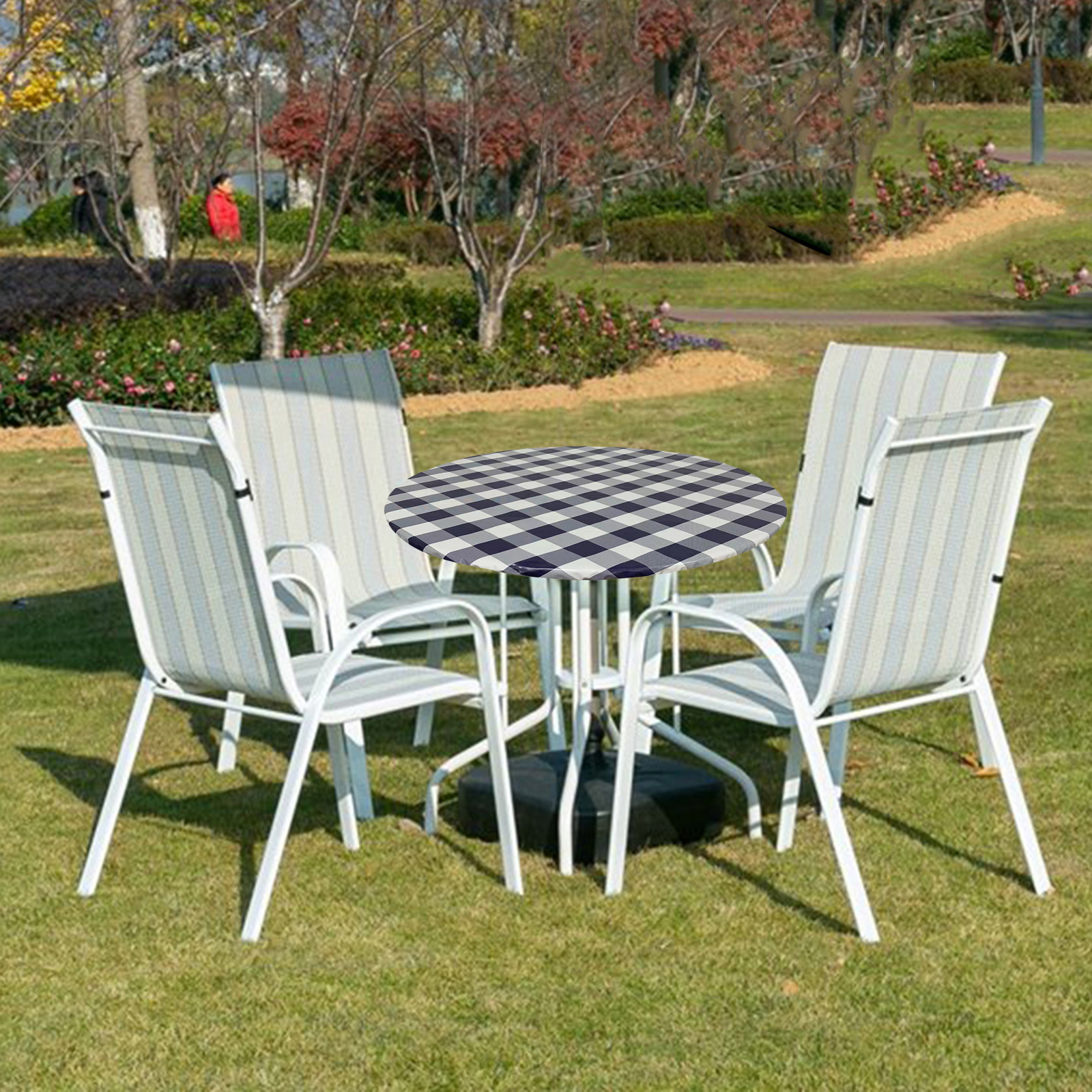 Elastic Edged Polyester Plaid Table Cover Polyester Waterproof Oilproof Round Tablecover Dust Proof Fits for 31.5-38inch Dia