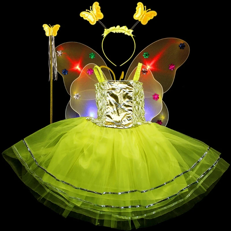 4Pcs/set Kids Girls Fairy Party Flashing Costume Set Sleeveless LED Tutu Dress Butterfly Glow Wing Wind Headband Stage Dancewear little kid suit