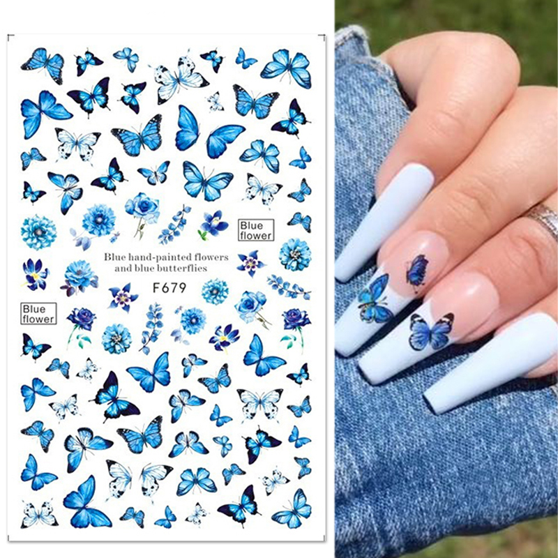 Description Picture 6 of itemButterfly Nail Blue Stickers Flowers Leaves Self Adhesive Decals 3D Transfer Sliders Wraps Manicure Foils DIY Decorations Tips