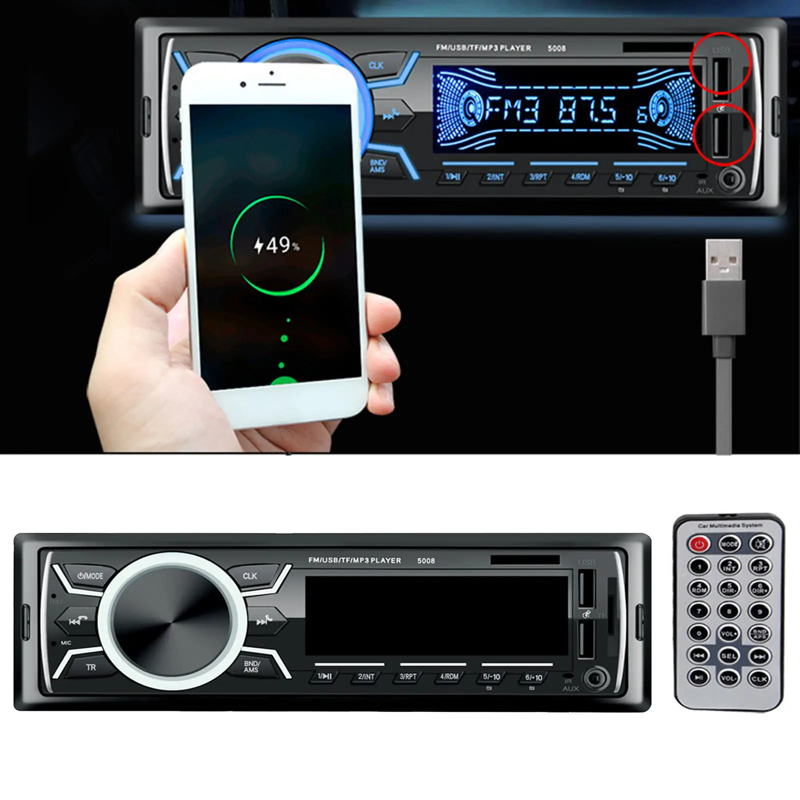Multimedia 1 DIN 12V Car Stereo Hands-Free Calling Built-in Mic Radio Receiver Wireless Remote Control Fast Charging Dual USB
