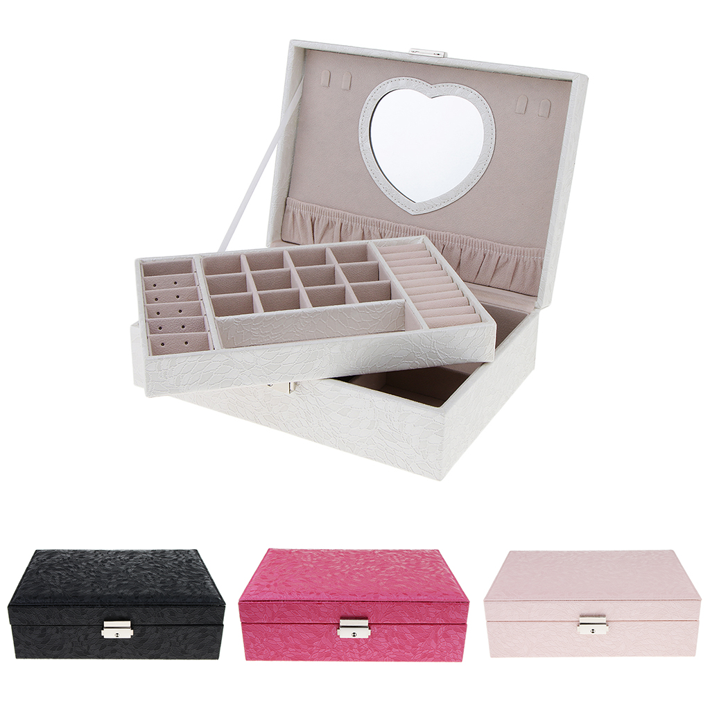 Mini Heart Mirror Double Layer Jewellery Box PU Leather Storage Cases Holder