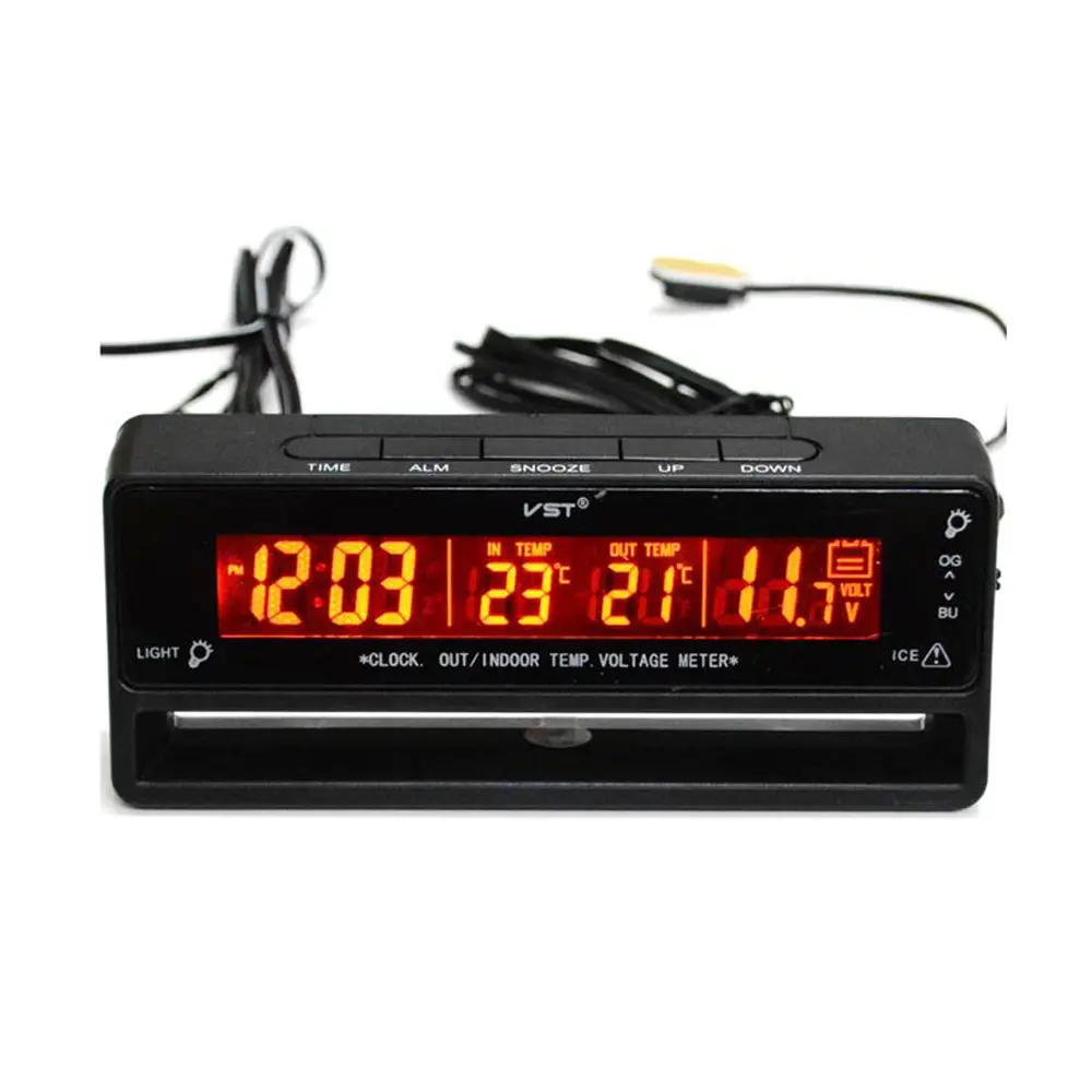 Car Auto LCD Backlight Digital Clock Thermometer Inside Outside Temperature Voltage Alarm 