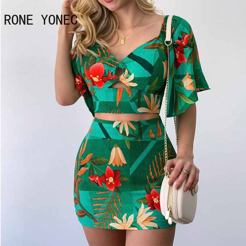 feminino casual chique colheita floral padrão superior oco para fora verão bodycon saia define