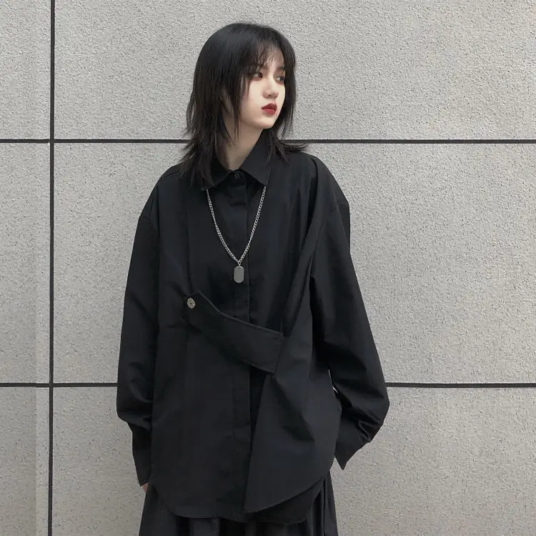 Solid Black Women Shirts Irregular Korean Style Design Long Sleeve Streetwear Unisex Single Breasted Fashion All-match Chic Tops