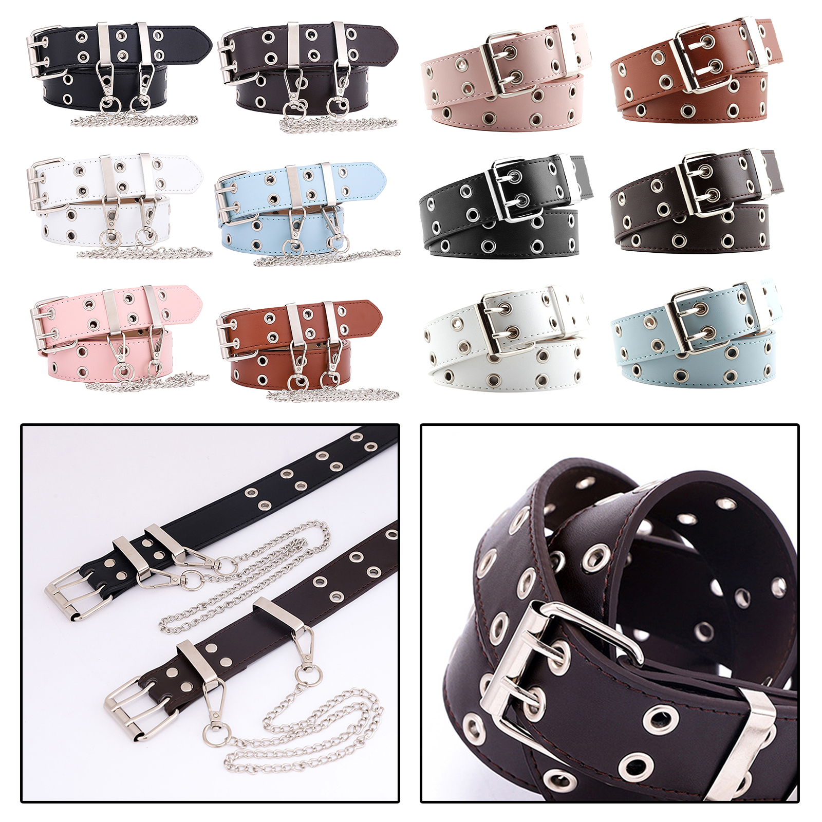 Double Grommet Punk Belt for Women PU Leather Jeans Waist Belts Party Cosplay Club Dancing Goth Belt
