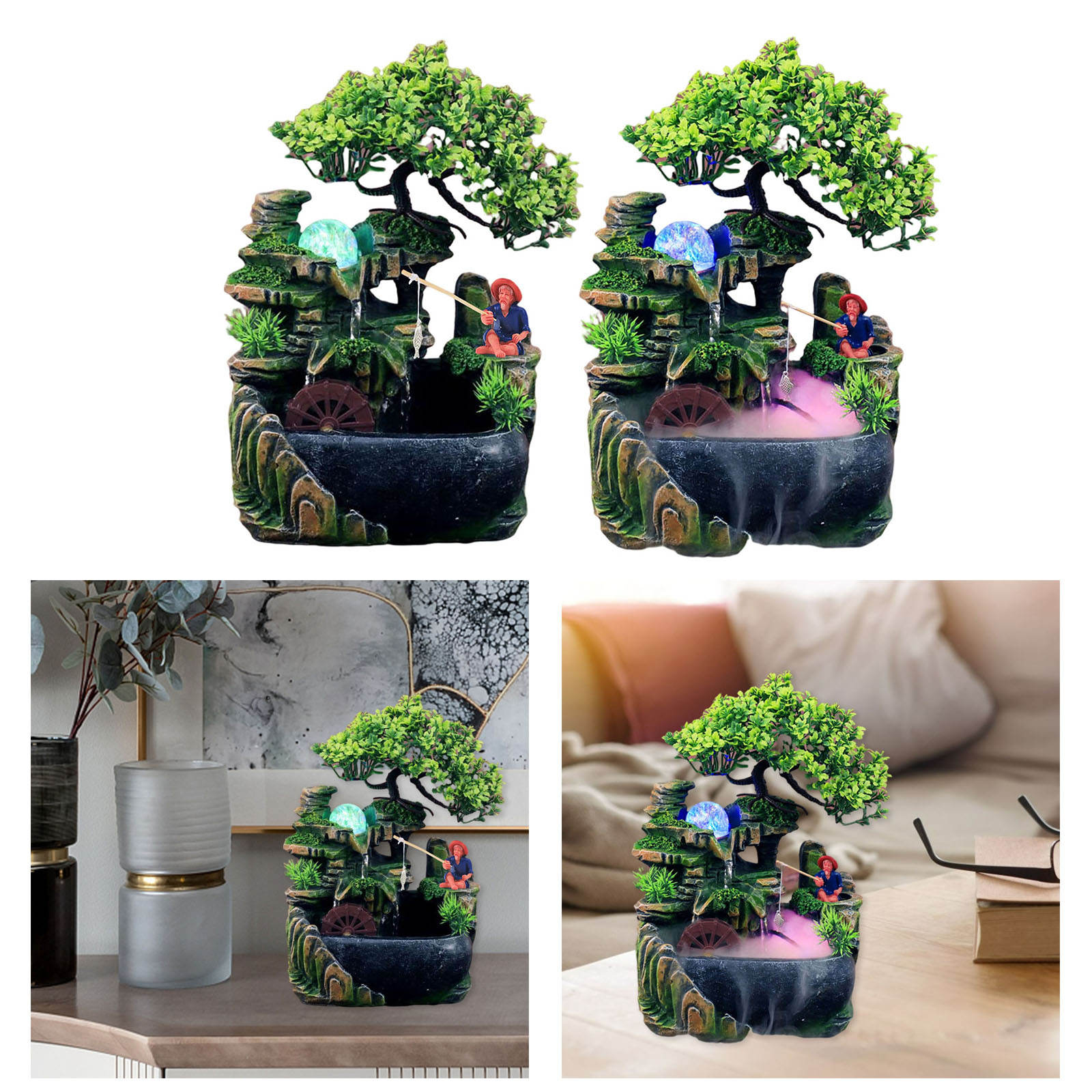 Indoor Tabletop Waterfall Fountain with Pump Rockery Fisherman Bonsai Statue Flowing Water Fountains Home Ornament