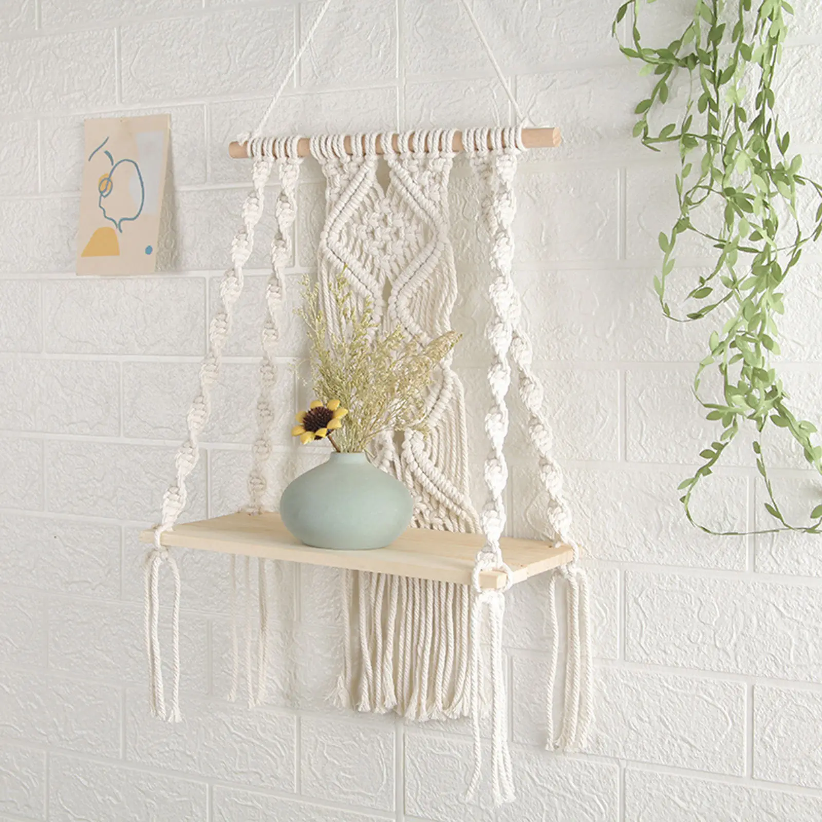 50x30cm Tapestry Wall Shelf Woven Macrame Flower Rack Wood Shelf Home Decor