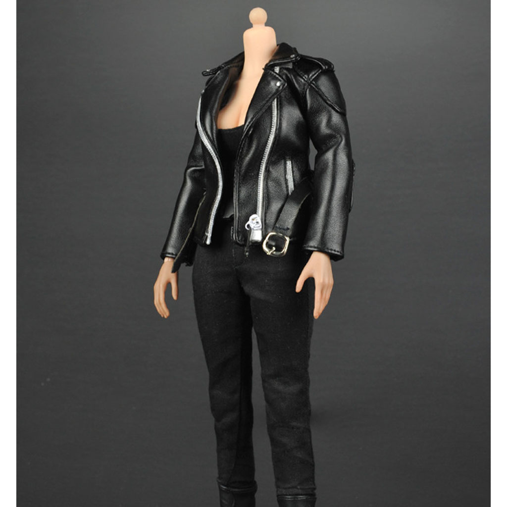 1/6 Scale Female Clothing Black PU Leather Jacket Pants Vest Long Boots for 12