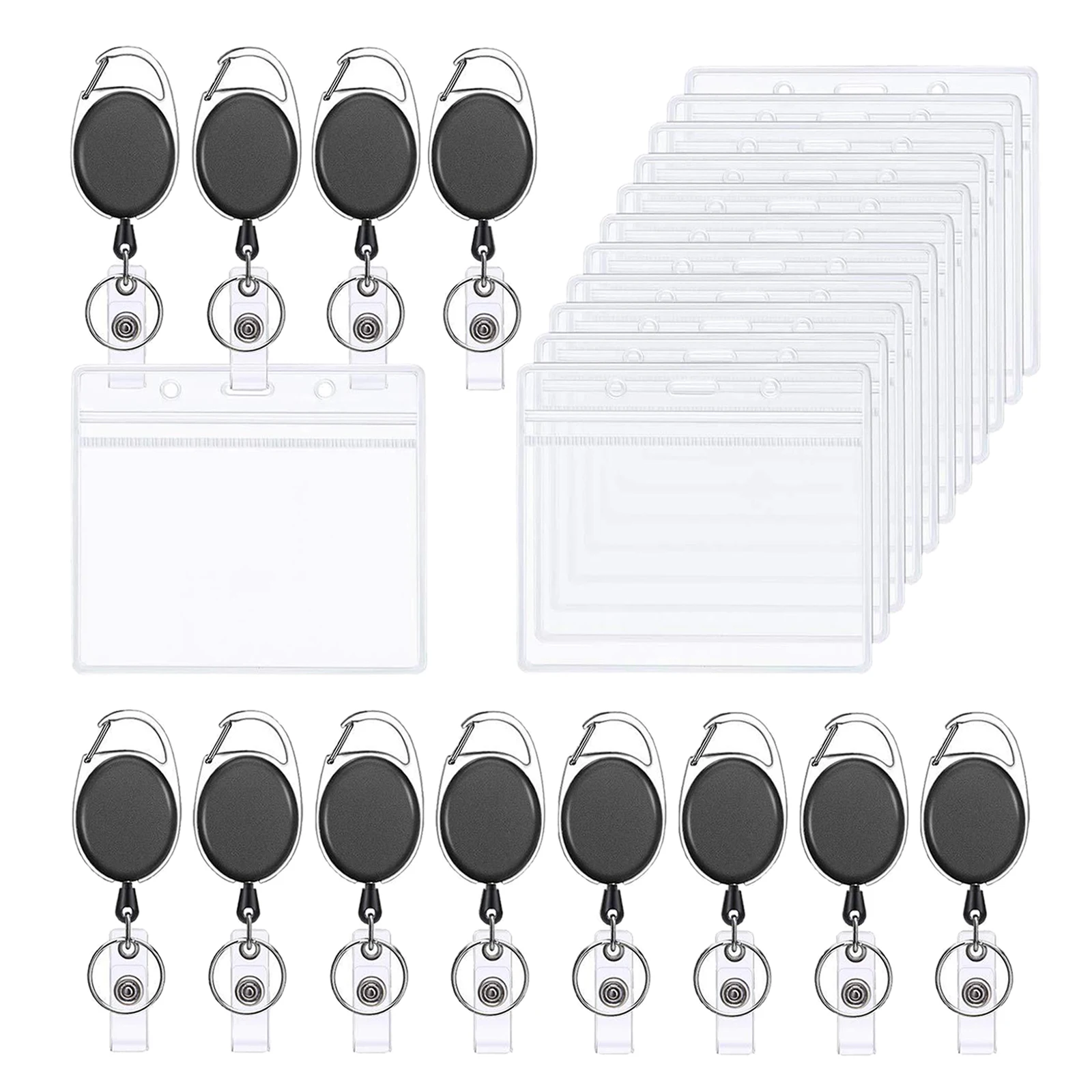 12 PCS Black Retractable Badge Reel w/ Belt Clip Key Ring ID Card Holder Photo Name Tag Holders for School Students Worker
