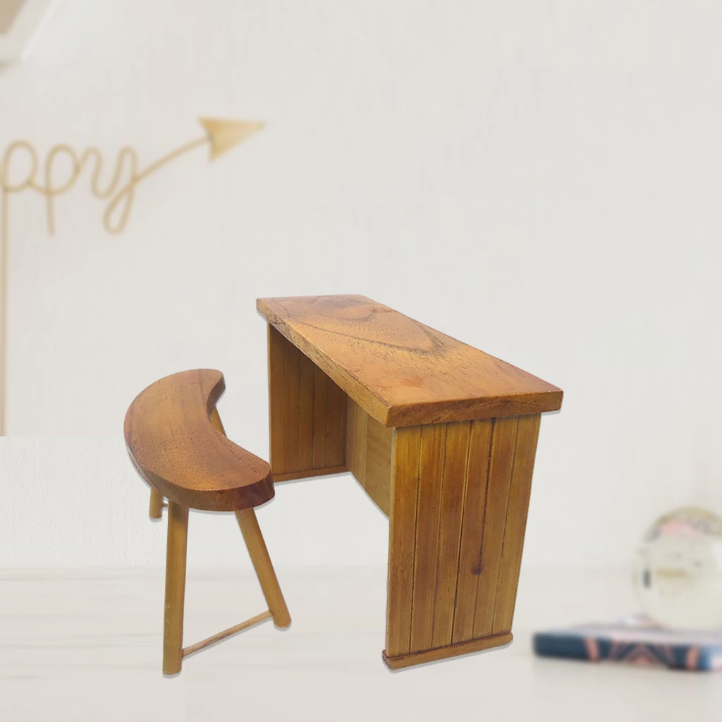 Shabby Stylish Wooden Desk and Stool Furniture Model Toys for 1/12 Doll House Decoration Dollhouse Miniature Accessories