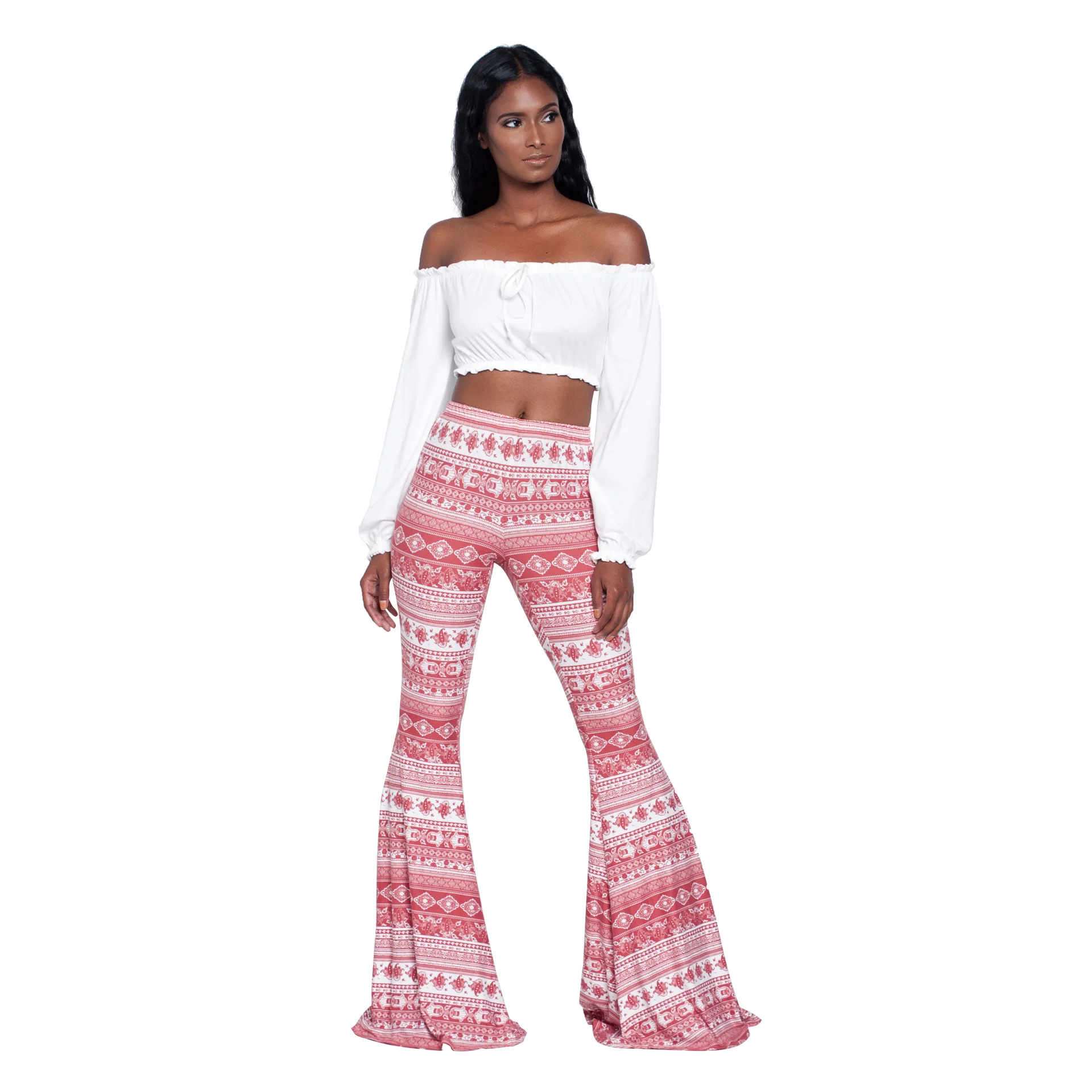 capri trousers Summer New Women High-Waist Stretch-Print Trousers Wide-Leg Loose-Fitting Trousers Sexy Flared Pants Bottom Casual Leggings white pants