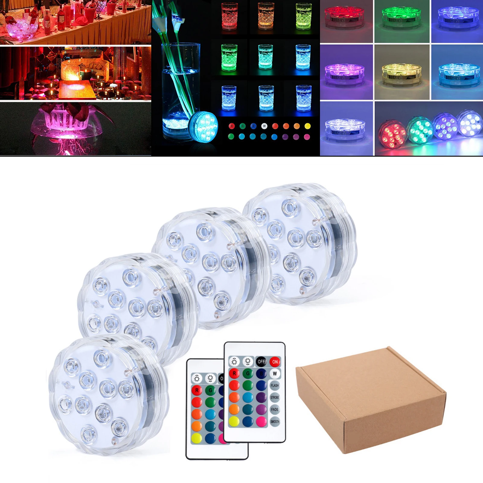 10-LEDs RGB Submersible LED Lights Pools Pond 7color Lights with Suction Cup