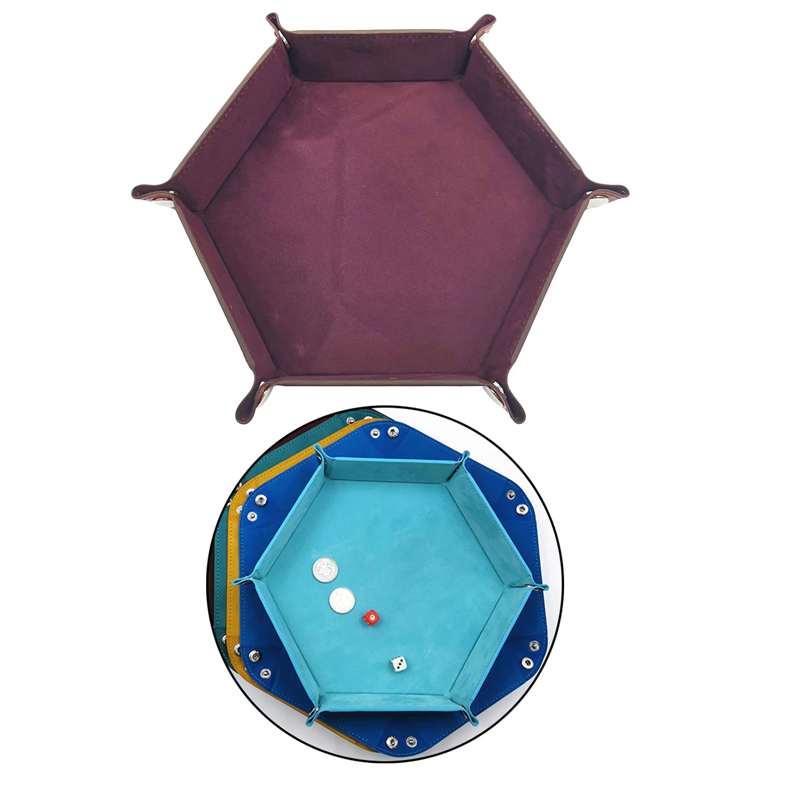 Rolling Folding Hexagon Dice Game Storage Tray Holder Double Sided PU Leather&Velvet Dice Rolling Tray Casino Supplies