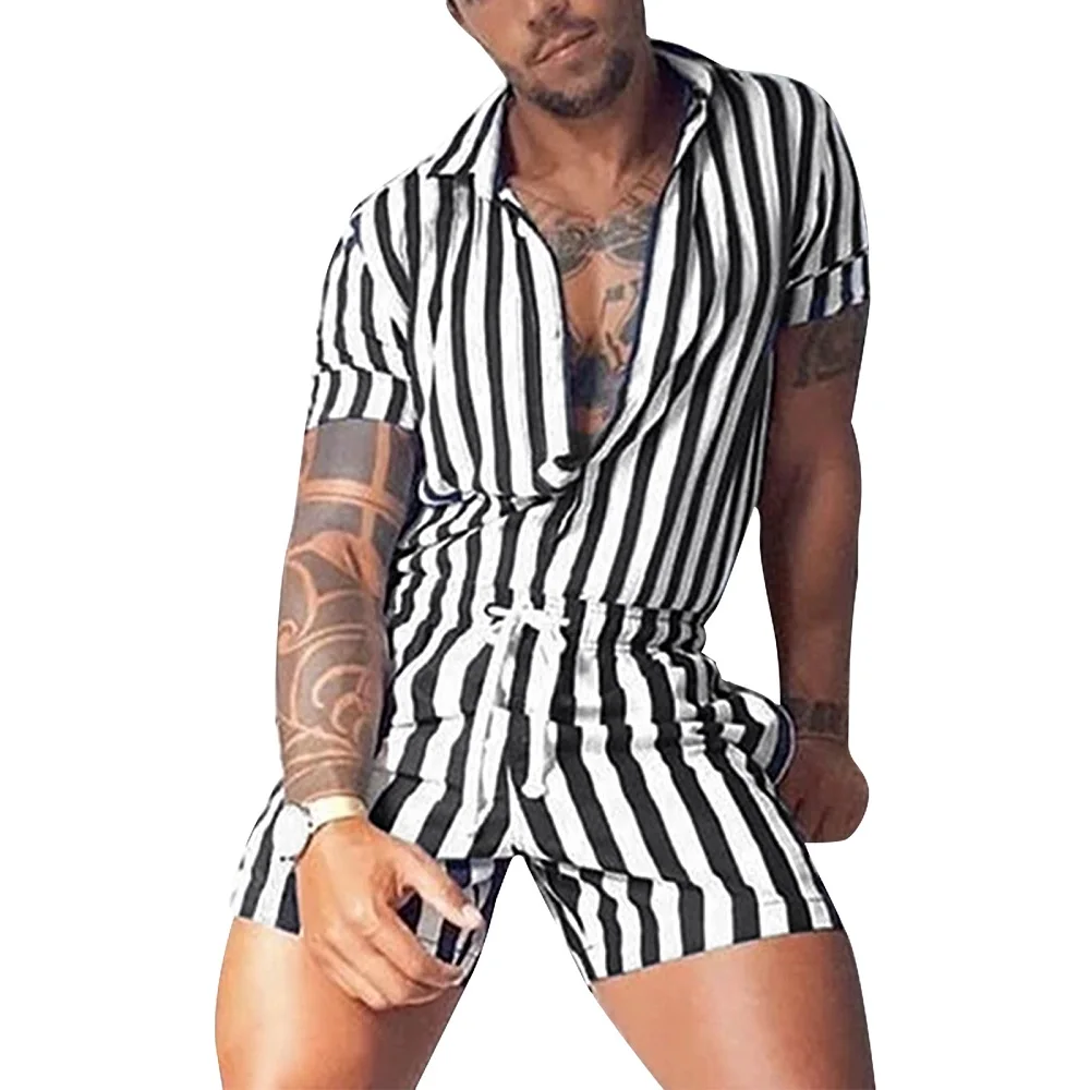 Men’s Casual Short-sleeved Jumpsuit 2021 Hot Sale Lapel Fashion Stripe Single-breasted Jumpsuits Summer Casual Rompers Overalls checkered pajama pants