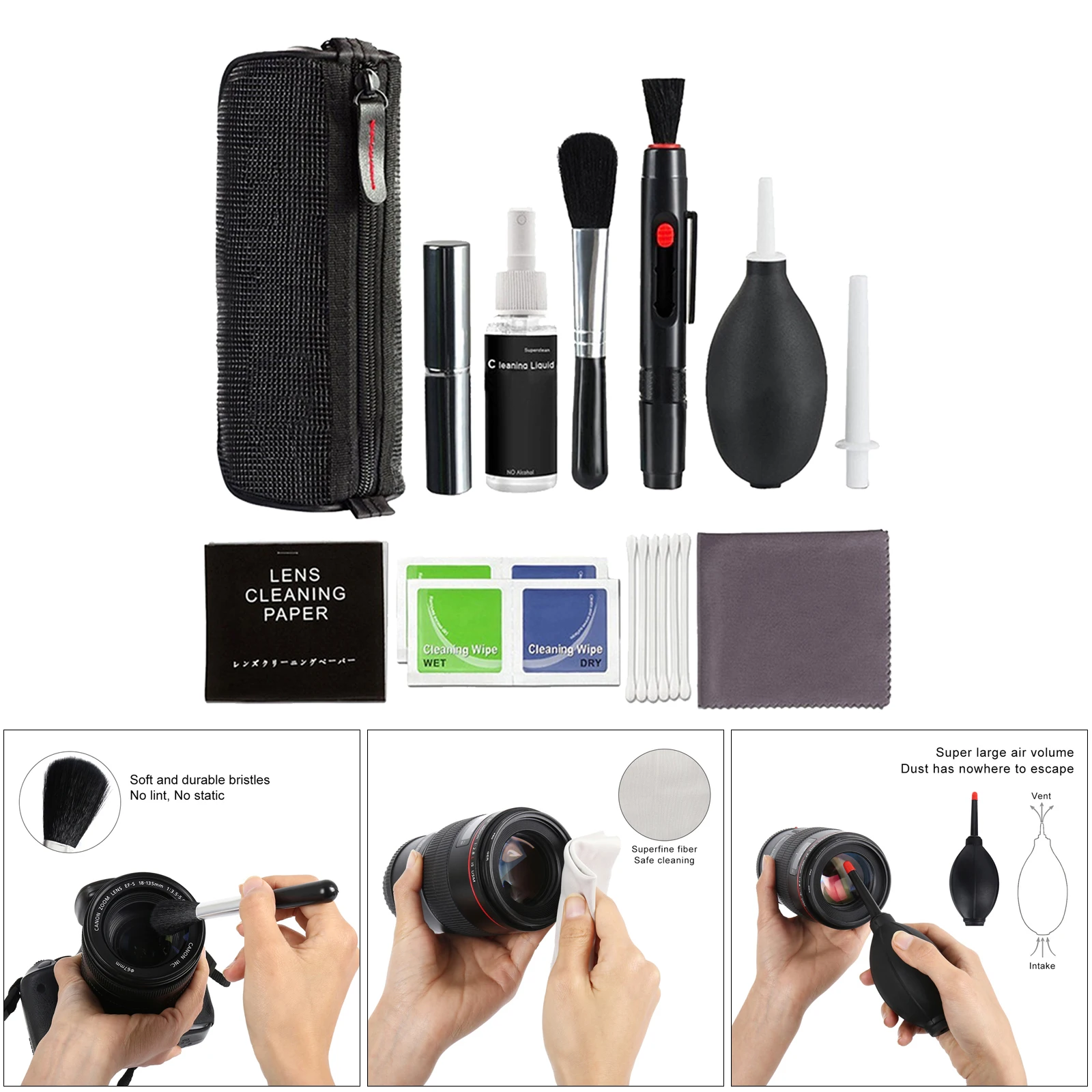 Camera Cleaning Kit with Carry Case, Including Blowing/Lens Cleaning Pen/Cleaning Brush/Cleaning Swabs/Cleaning Cloth