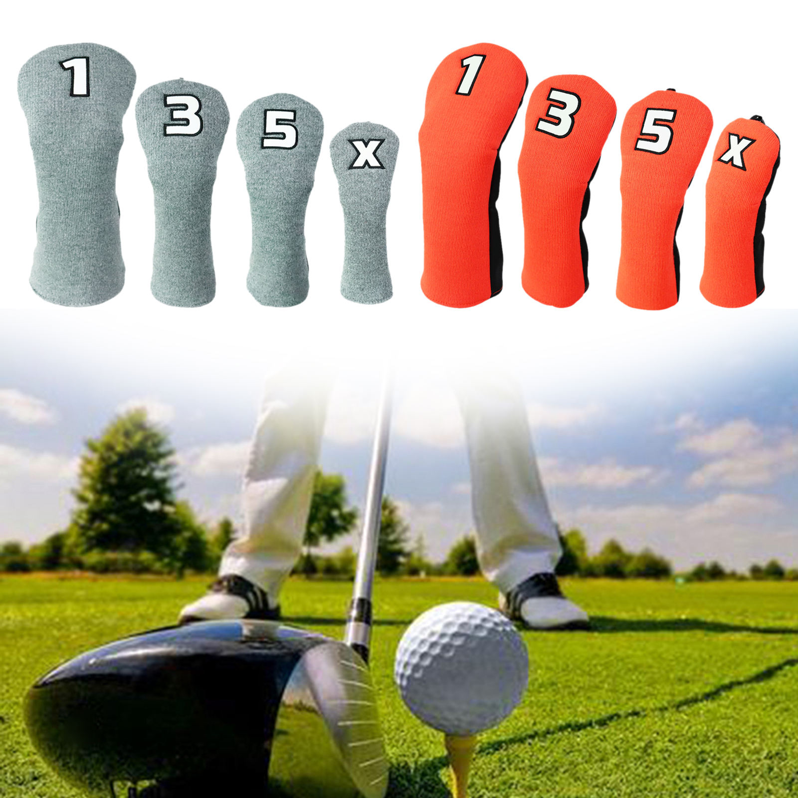 Golf Club Head Covers for Fairway Woods Driver Hybrids, Big Number Long Neck Golf Club Headcovers with Elastic Closure