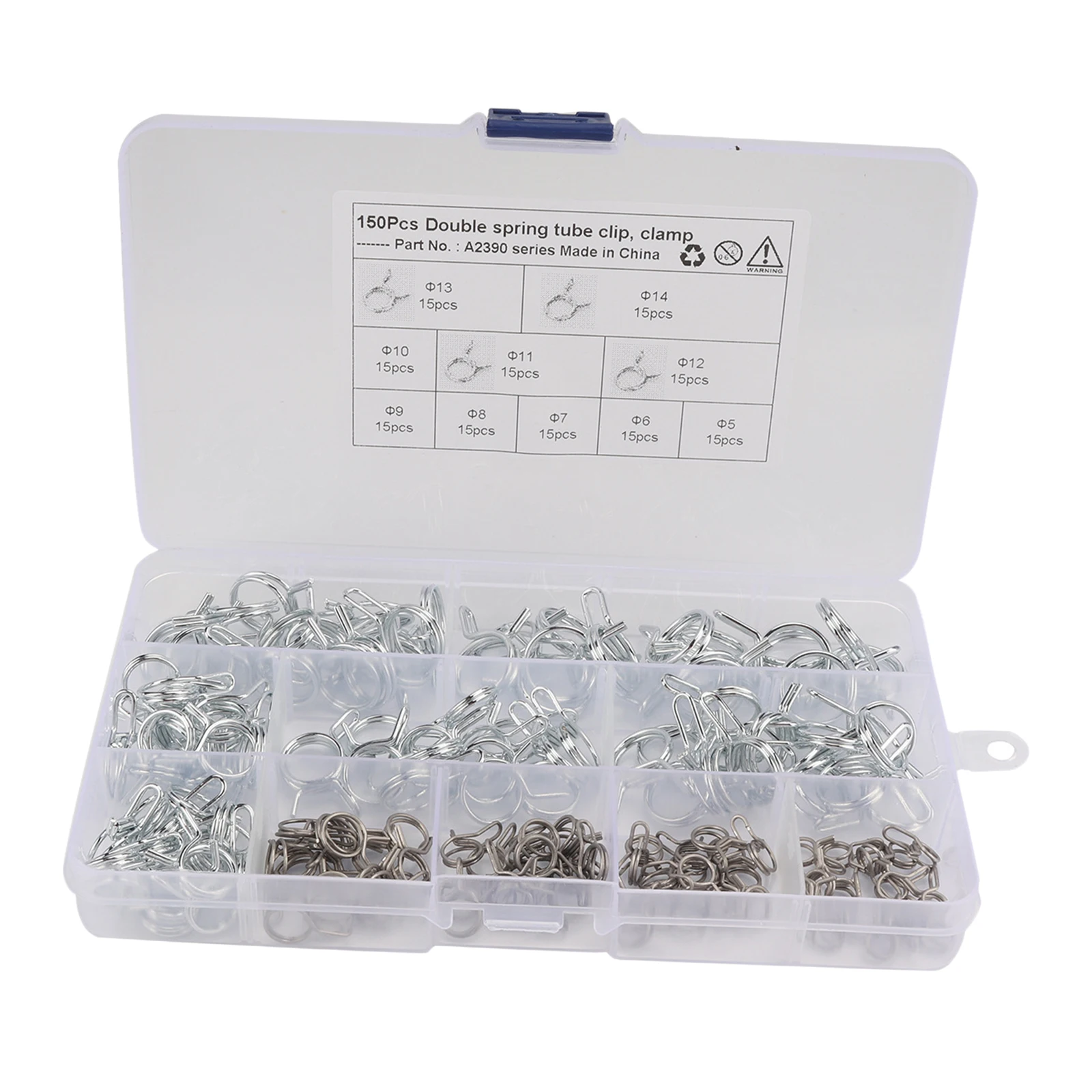 150pcs 5-14mm Water Pipe Air Tubing Spring Clips Assortment Kit, Zinc Plated, Packed in A Plastic Box
