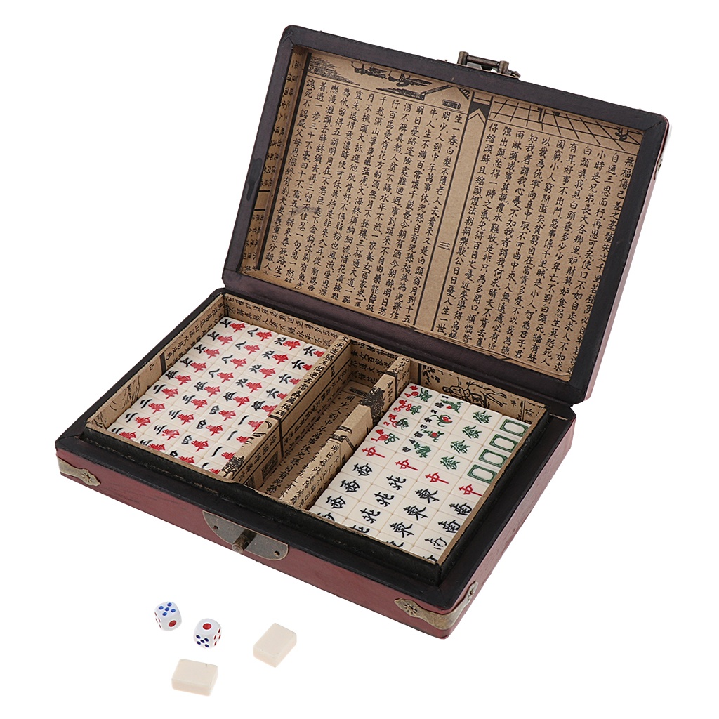 Small Szie Traditional Chinese Version Mahjong Game Set - 144 Fiberboard Tiles & Instruction in Wooden Storage Box