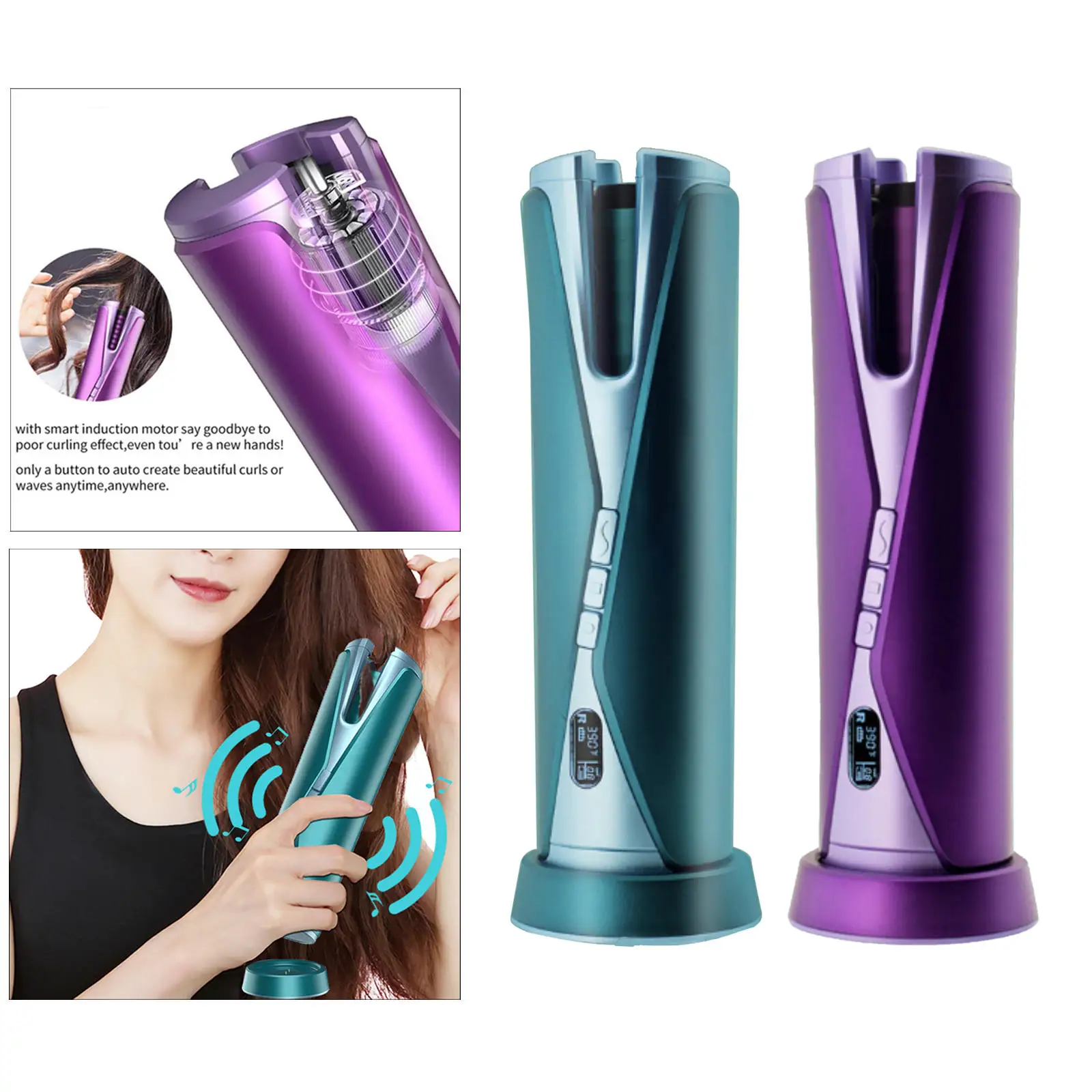Portable Auto Hair Rollers Curler with LCD Display Cordless Music Curling Tongs Curling Iron for Hair Styling Travel, Home