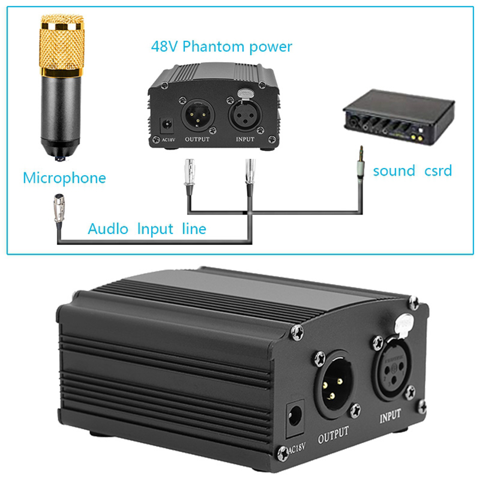 48V Phantom Power Supply with Charging Cable and XLR Cable for Microphone