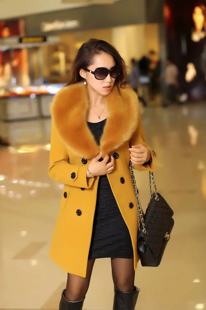 New autumn and winter woolen women's coat Korean double-breasted mid-length woolen coat with large fur collar long down coat