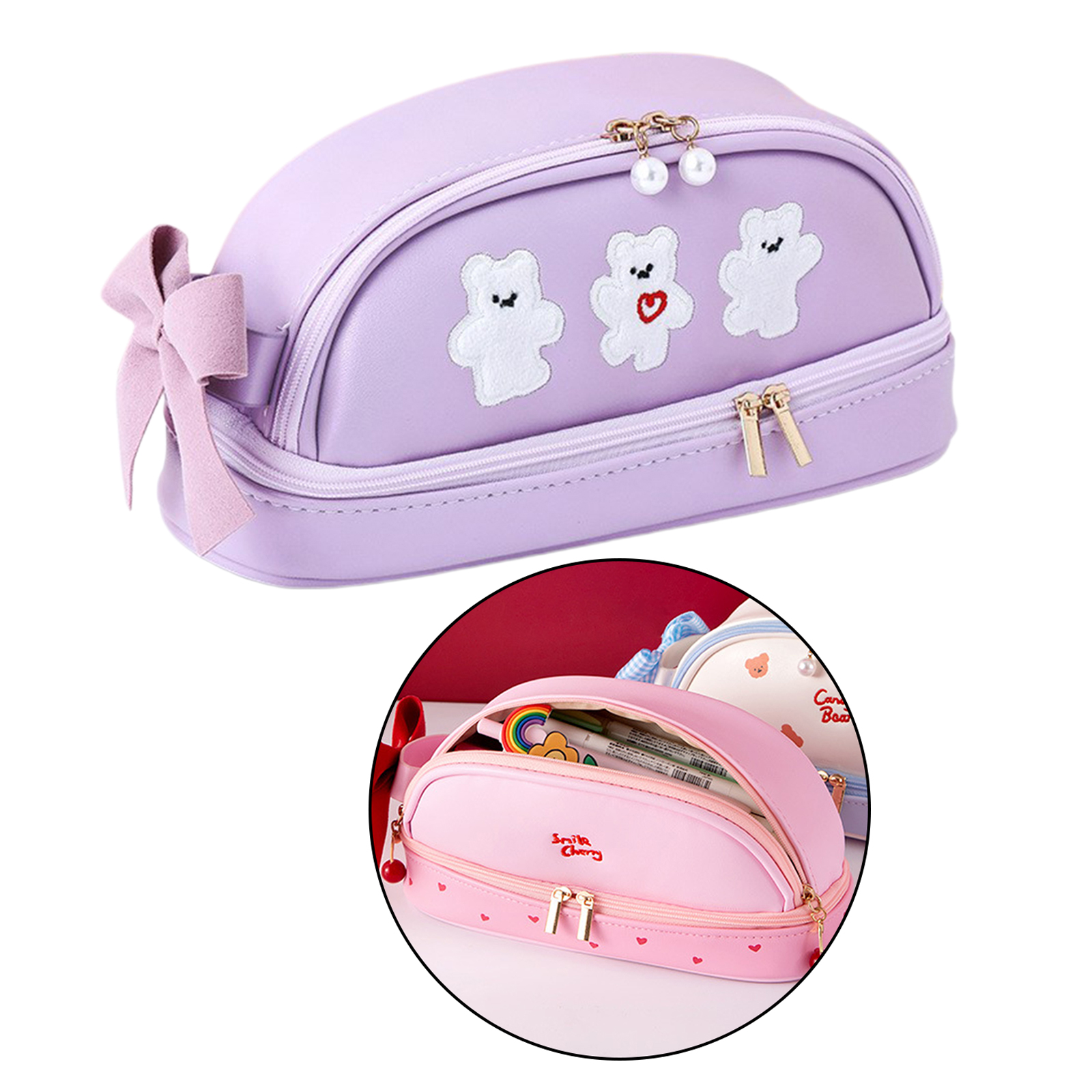 Lovely Pencil Case Stationery Storage Dual Zippered Pen Pouch Cosmetic Bag for Girls Gift