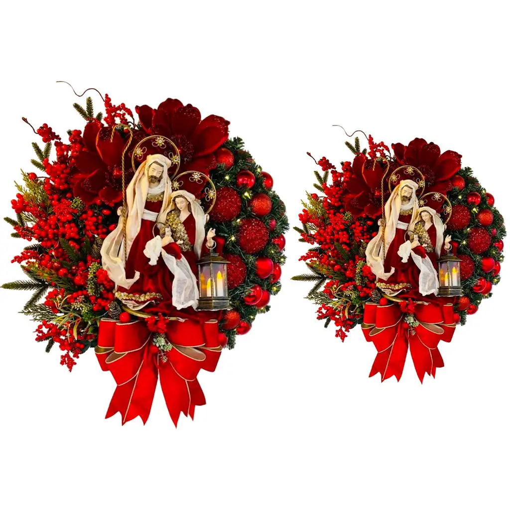 Nativity Wreath Christmas Wall Decor Holy Family Red Tree Wreath for Front Door Door Home