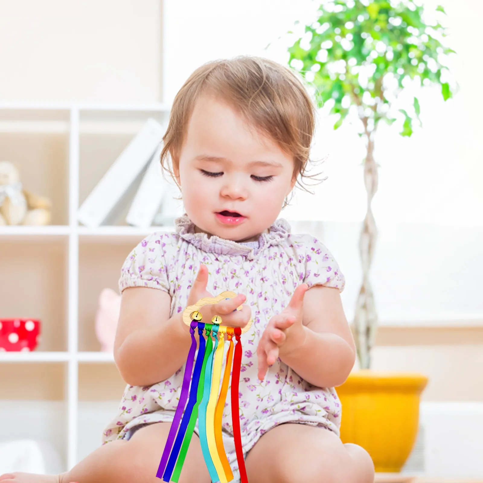 本物保証】 赤ちゃん感覚リボンリングおもちゃ レインボーリボンガラガラ教育おもちゃ 木製