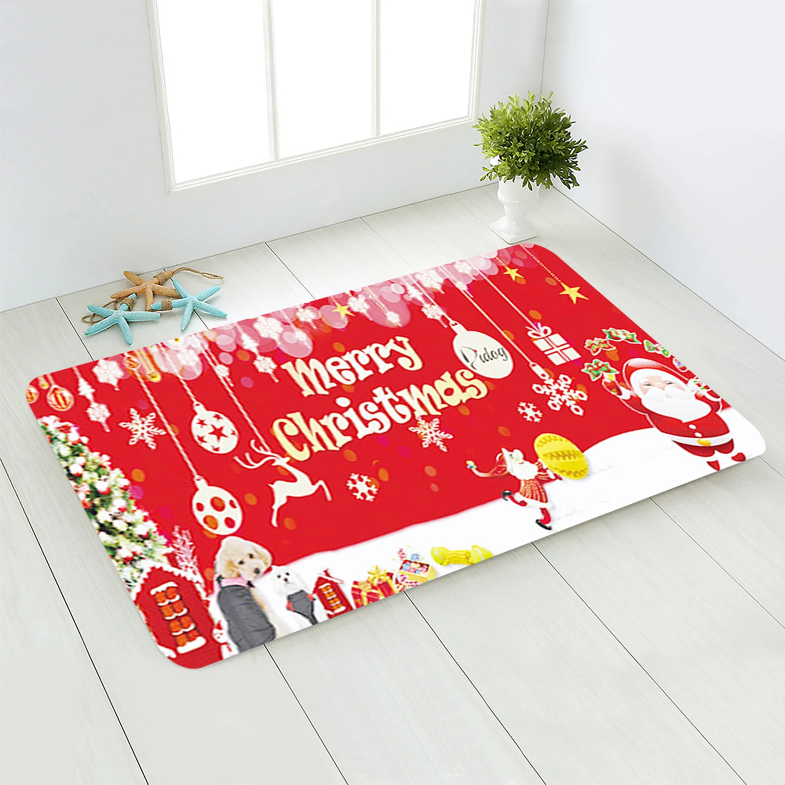 Rug Festive Santa Claus Elk Non Slip Absorbent Reusable for Christmas Day Bedroom Living Room Bath Front Floor Kitchen Hallway