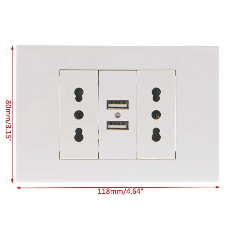 Adaptador de Tomada de Energia Parede Dupla Italiano - Chile Plug Portas Usb Painel 5v 1a P15d 16a 2 Soquetes elétricos