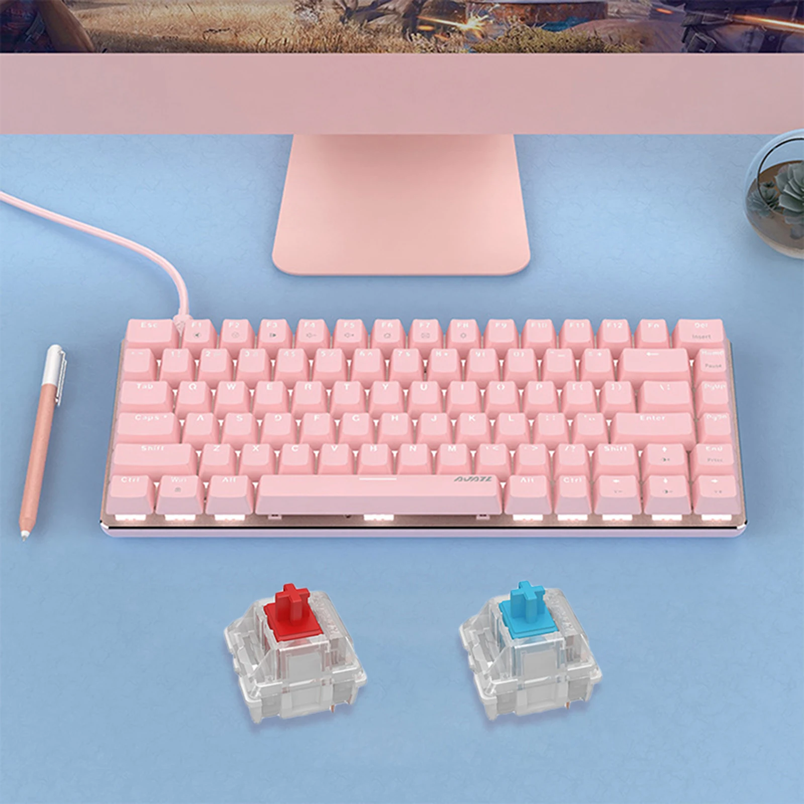 AK33 Mini Pink Switches Wired Keyboard 82 Keys Mini Compact for Games Work Portable