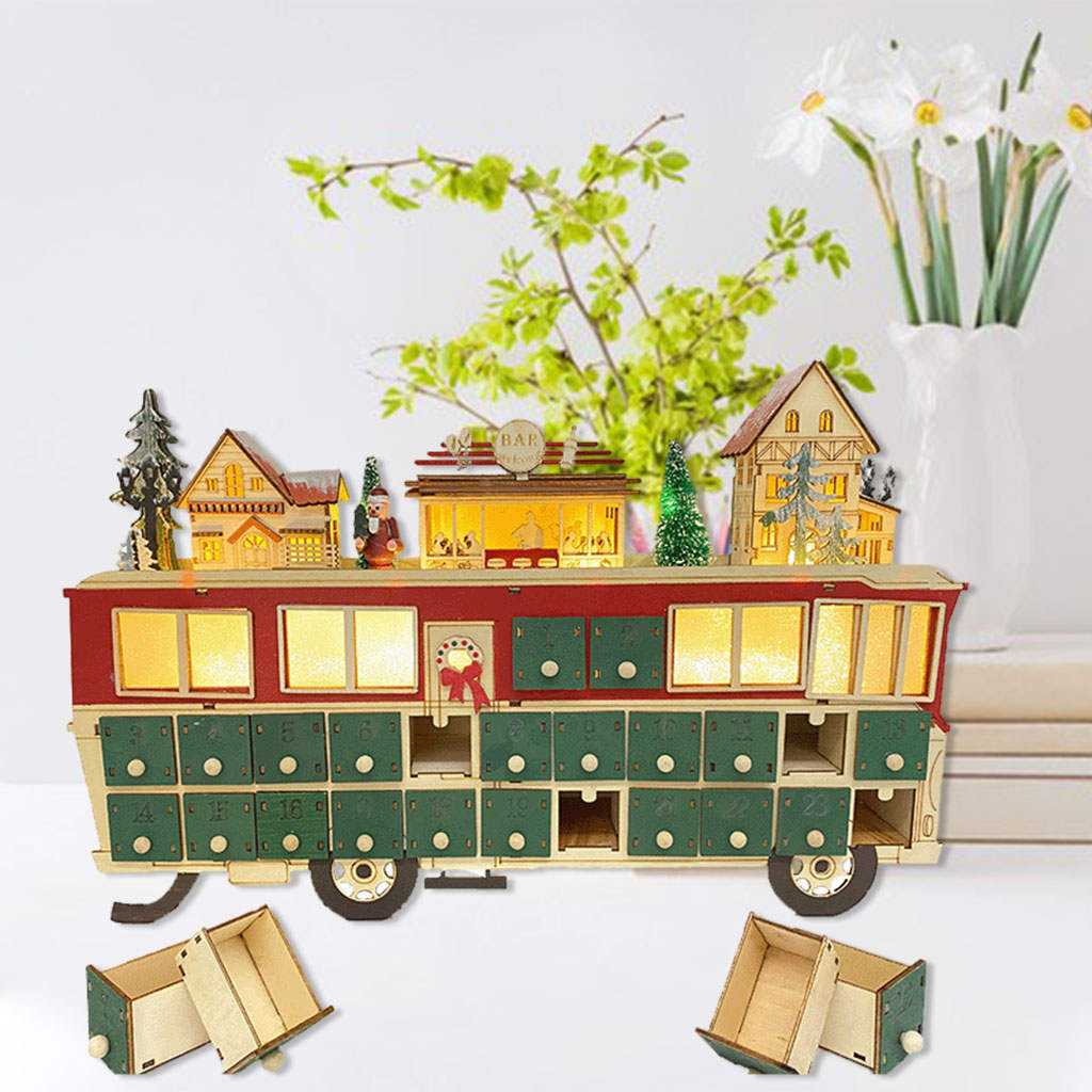 Wood Advent Calendar Children Toy Battery Operated DIY Bus Shape Light up 24 Drawers Christmas Holiday Decoration