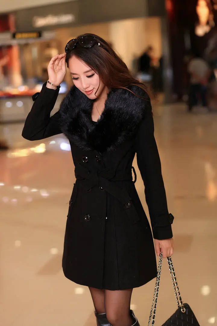 New autumn and winter woolen women's coat Korean double-breasted mid-length woolen coat with large fur collar long down coat