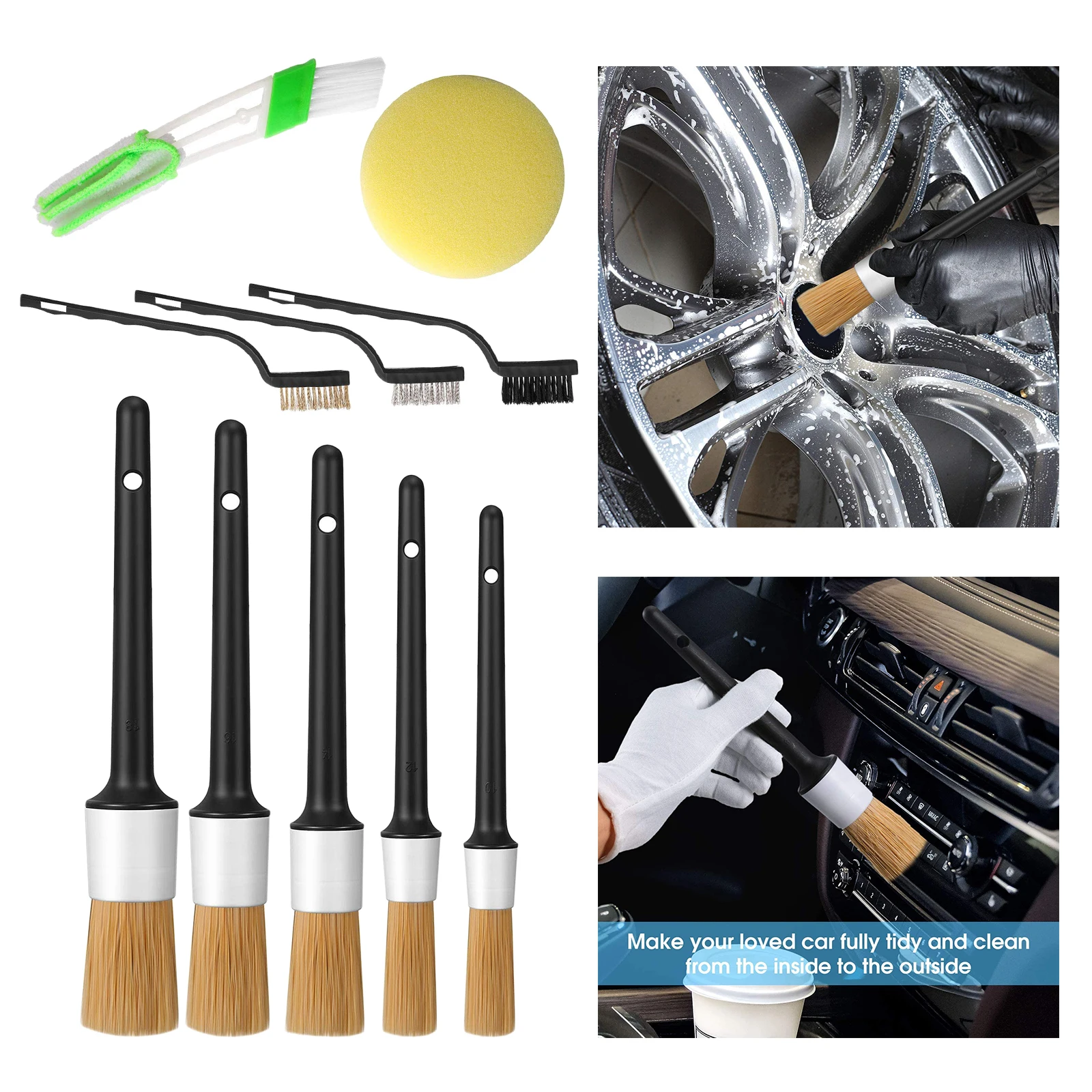 10pcs Car Detailing Brush Kits Wheel Engine Clean Brush Set Waxing Sponge