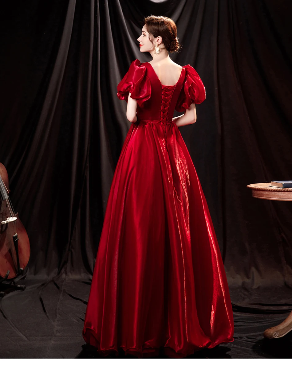 long evening dress SSYFashion New Luxury Red Satin Evening Dress Vintage Princess V-neck Puff Sleeve A-line Beading Long Prom Formal Gown for Women evening wear for women