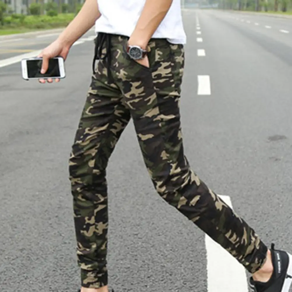 Men Sporty Camouflage Color Pockets Waist Drawstring Long Skinny Cargo Pants under armour sweatpants